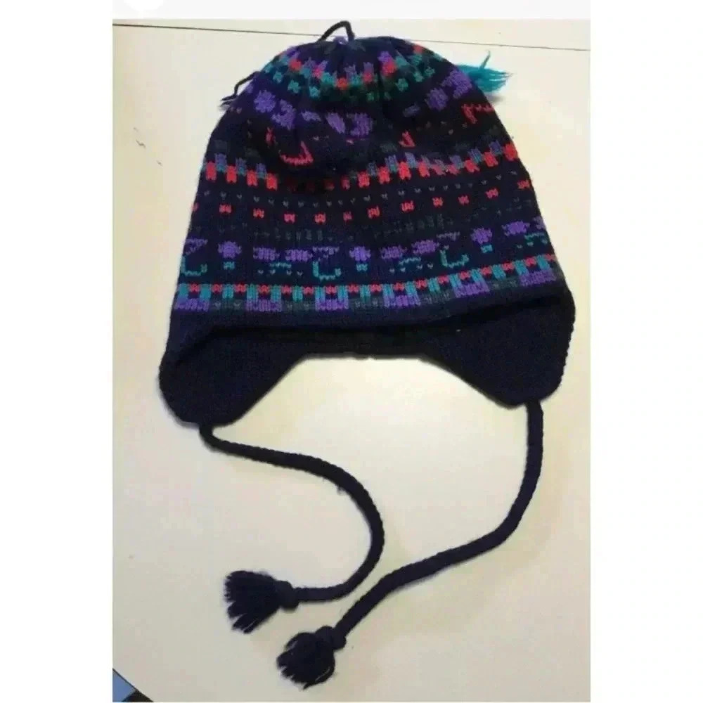 Woman MERKLEY HEADGEAR Blue Red Purple Ski Snow Virgin Wool Knit Hat Vintage Euc